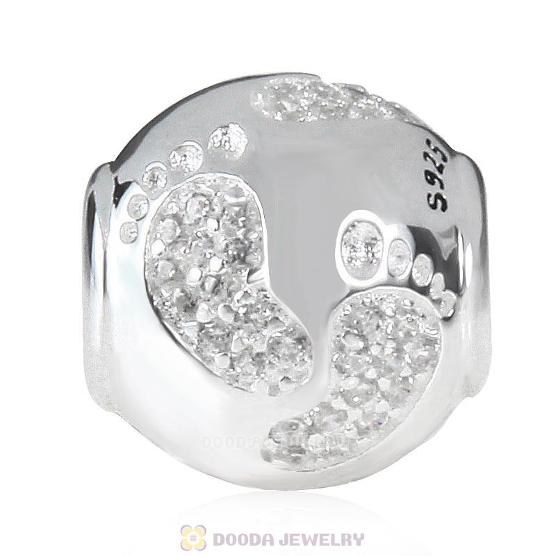 925 Sterling Silver Baby Footprint Charm Bead with Clear Stone