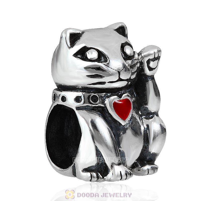 Antique Sterling Silver Lucky Cat with Red Heart Enamel Charm Wholesale