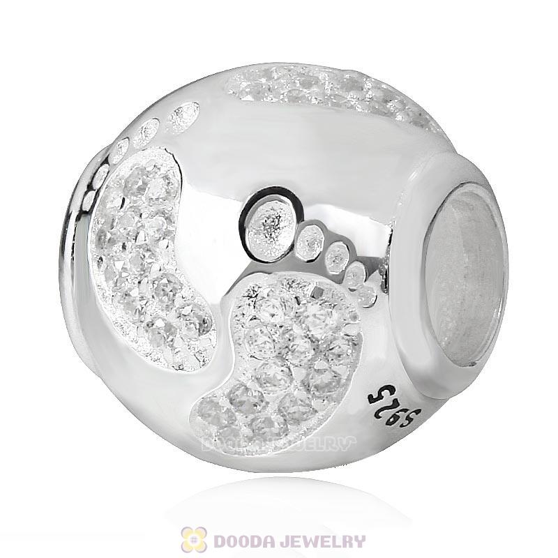 925 Sterling Silver Baby Footprint Charm Bead with Clear Stone