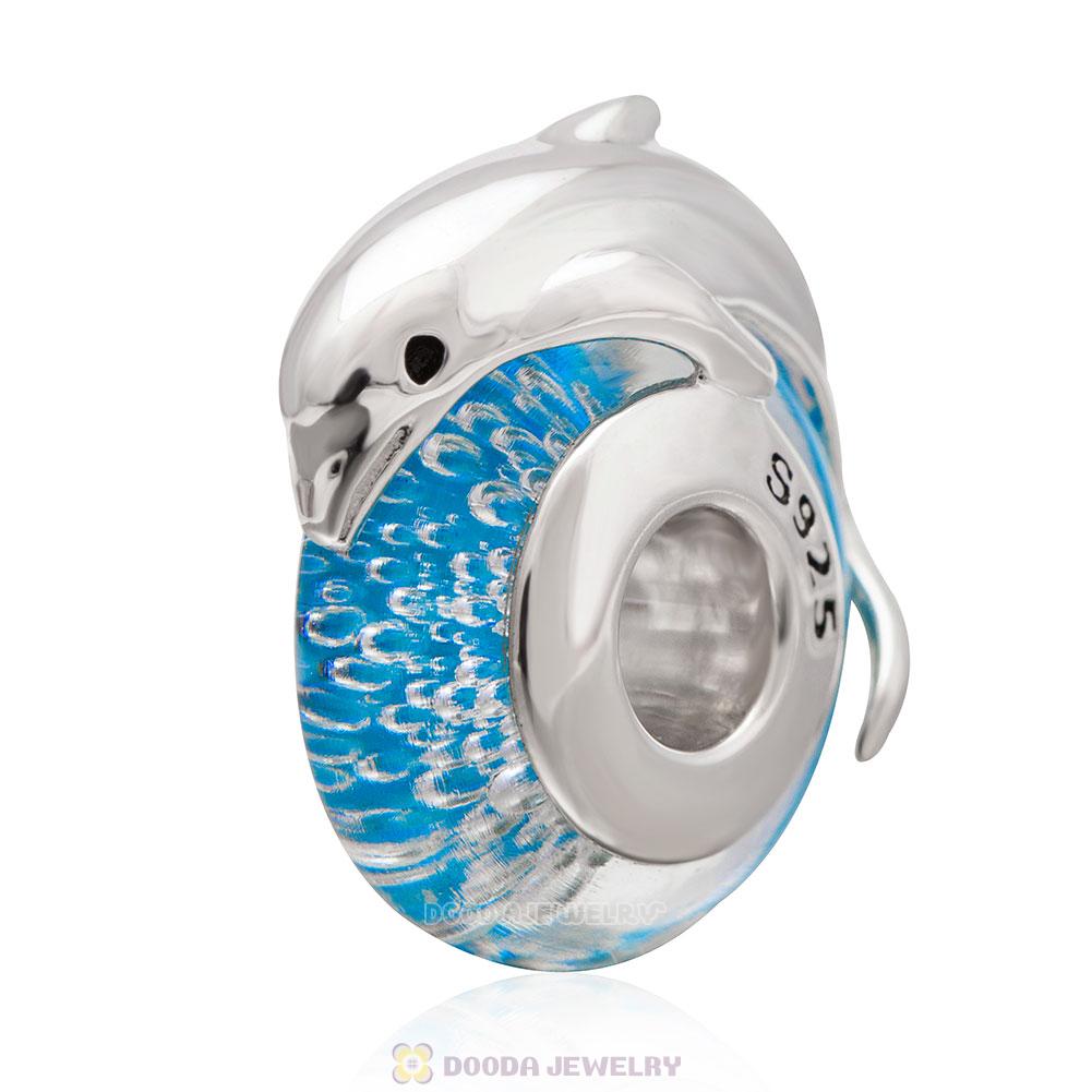 Jumping Dolphin on Blue Sea Glass Charm