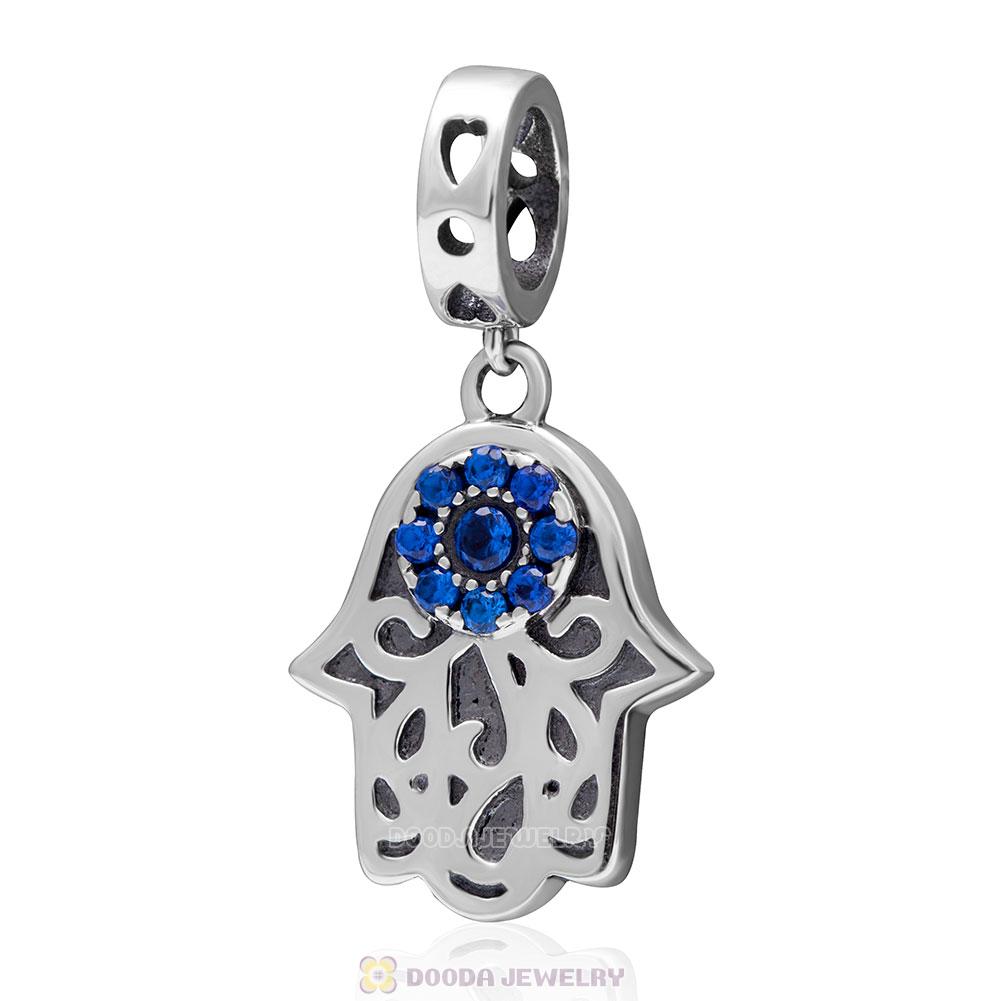 Hamsa Hand Dangle Charms with Blue CZ