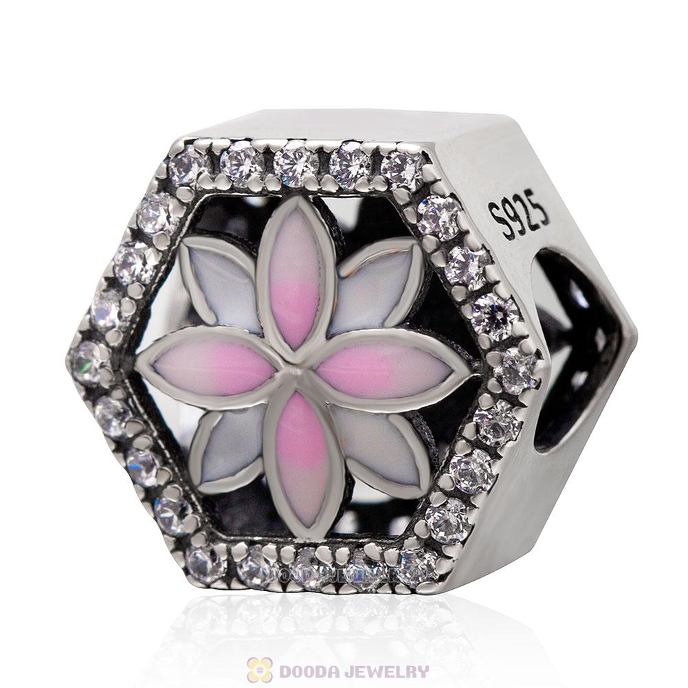 Pink Enamel Flower Charm Bead with Clear CZ