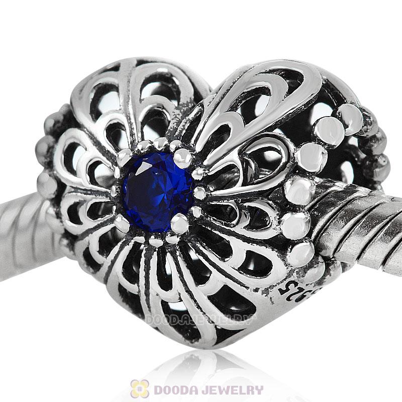 Open Heart Charm Bead with Blue CZ