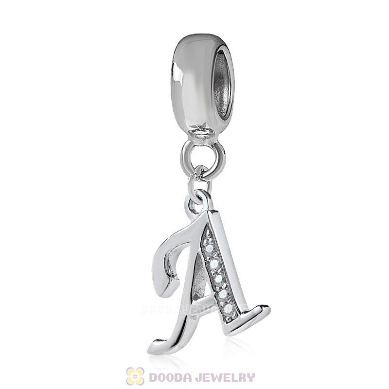 925 Sterling Silver Dangle Letter A Beads with CZ Stone