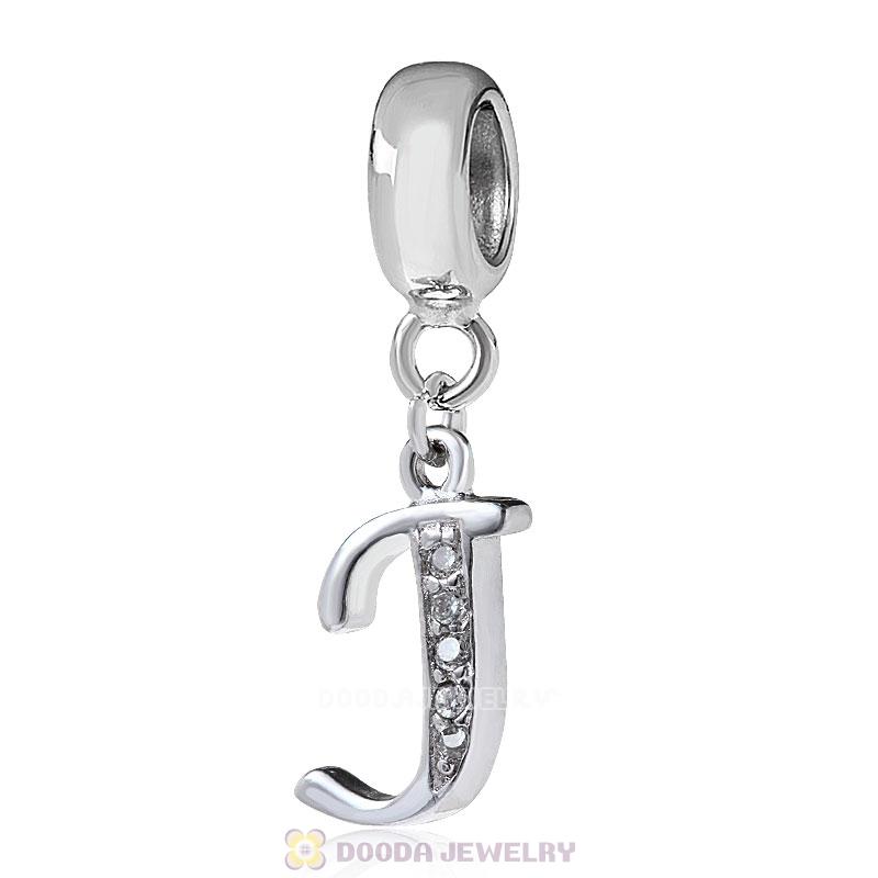 925 Sterling Silver Dangle Letter J Beads with CZ Stone