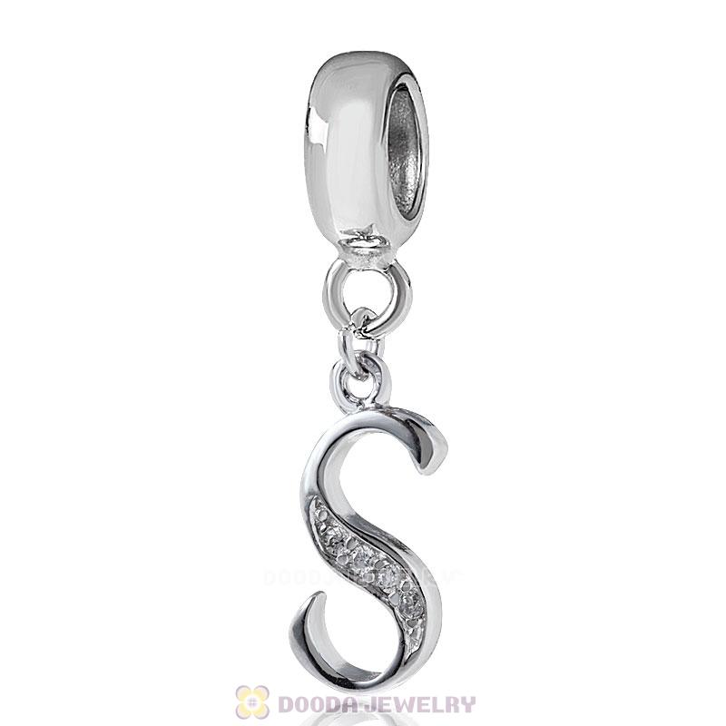 925 Sterling Silver Dangle Letter S Beads with CZ Stone