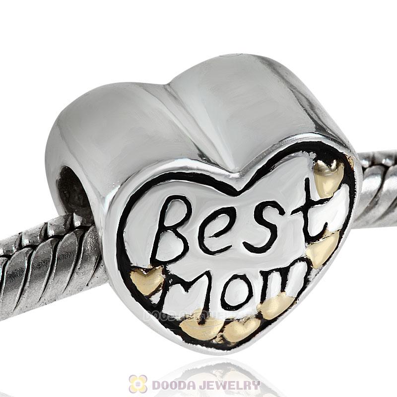 925 Sterling Silver Gold Plated Love Best Mom Heart Bead