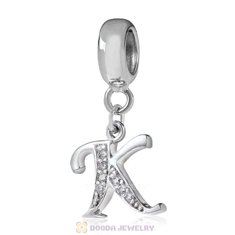 925 Sterling Silver Dangle Letter K Beads with CZ Stone