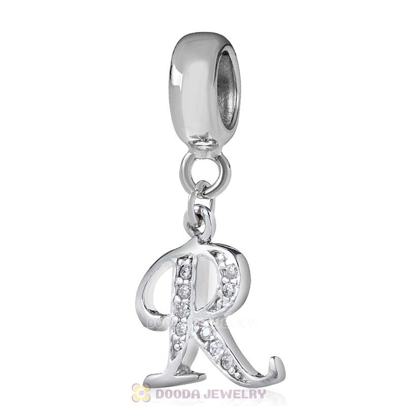 925 Sterling Silver Dangle Letter R Beads with CZ Stone
