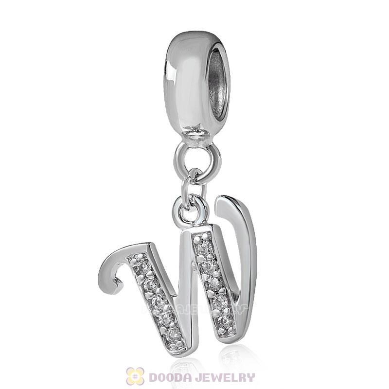 925 Sterling Silver Dangle Letter W Beads with CZ Stone