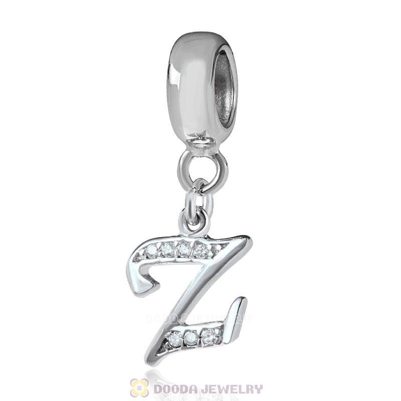 925 Sterling Silver Dangle Letter Z Beads with CZ Stone
