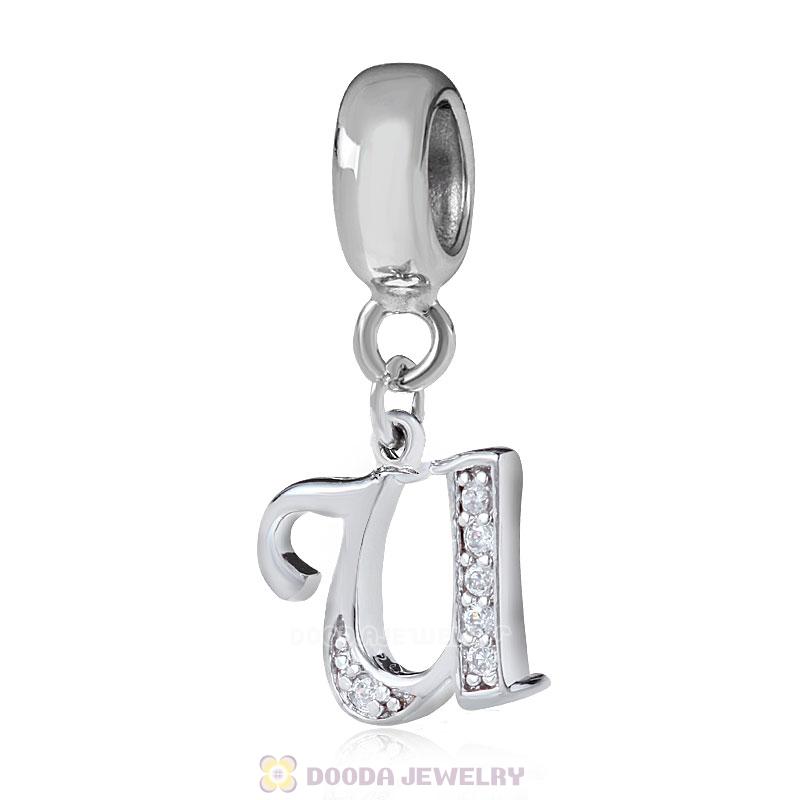 925 Sterling Silver Dangle Letter U Beads with CZ Stone