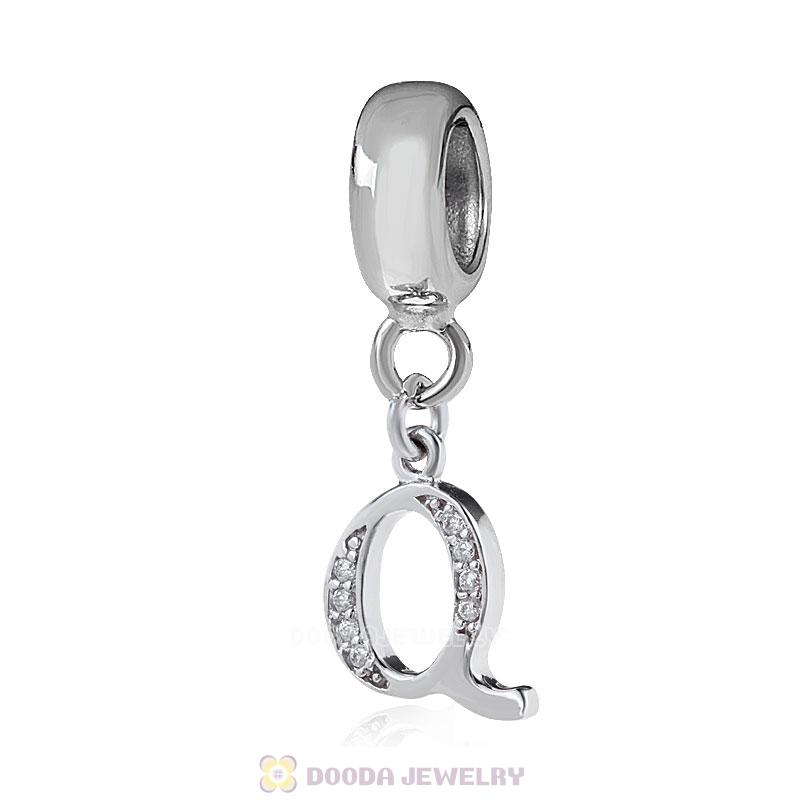 925 Sterling Silver Dangle Letter Q Beads with CZ Stone