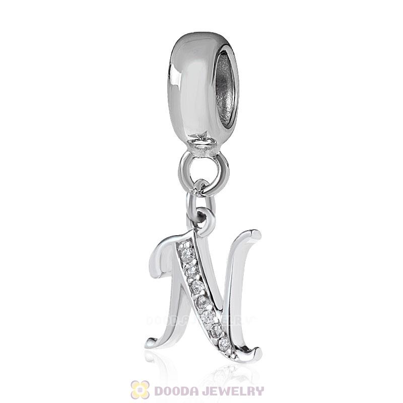 925 Sterling Silver Dangle Letter N Beads with CZ Stone