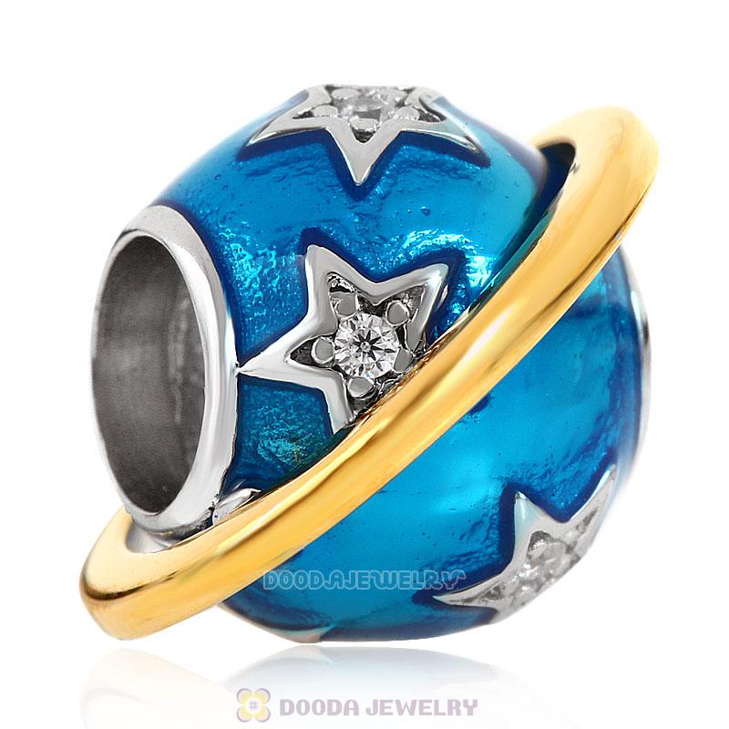 Blue Earth Enamel Charm Bead with Gold Plated