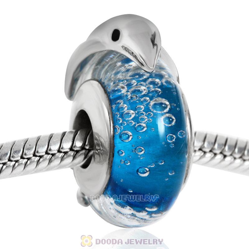 Jumping Dolphin on Blue Sea Glass Charm