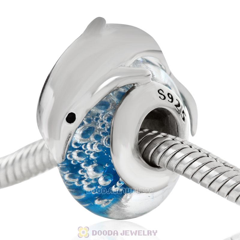 Jumping Dolphin on Blue Sea Glass Charm