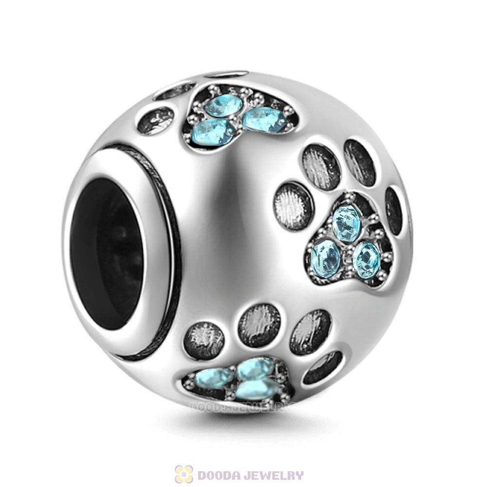 Dog Paw Print Charm Aquamarine Crystal