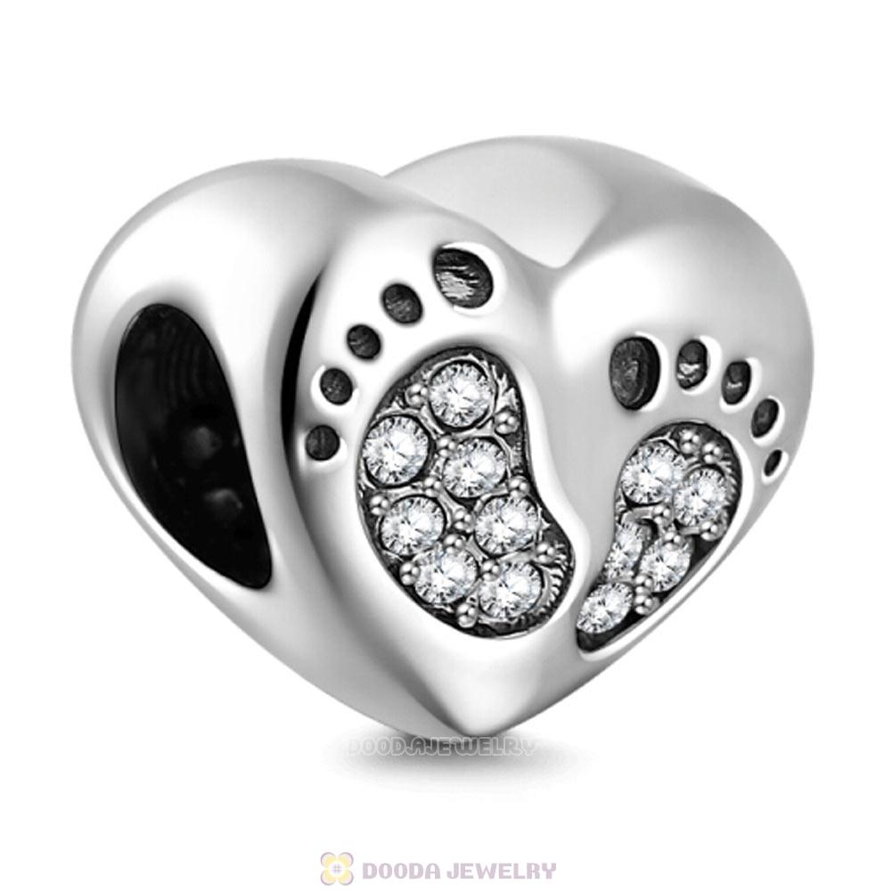 Baby Footprint Heart Charm Clear Crystal