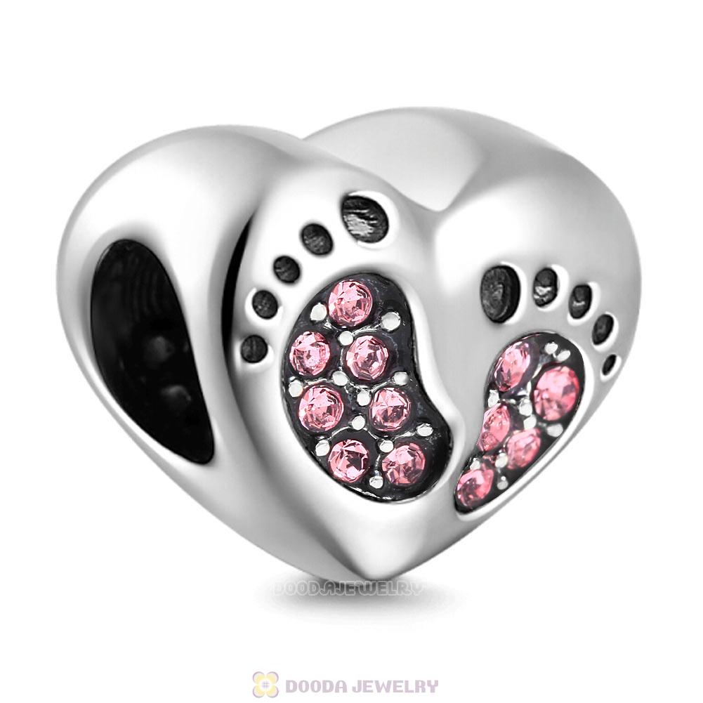 Baby Footprint Heart Charm Pink Crystal