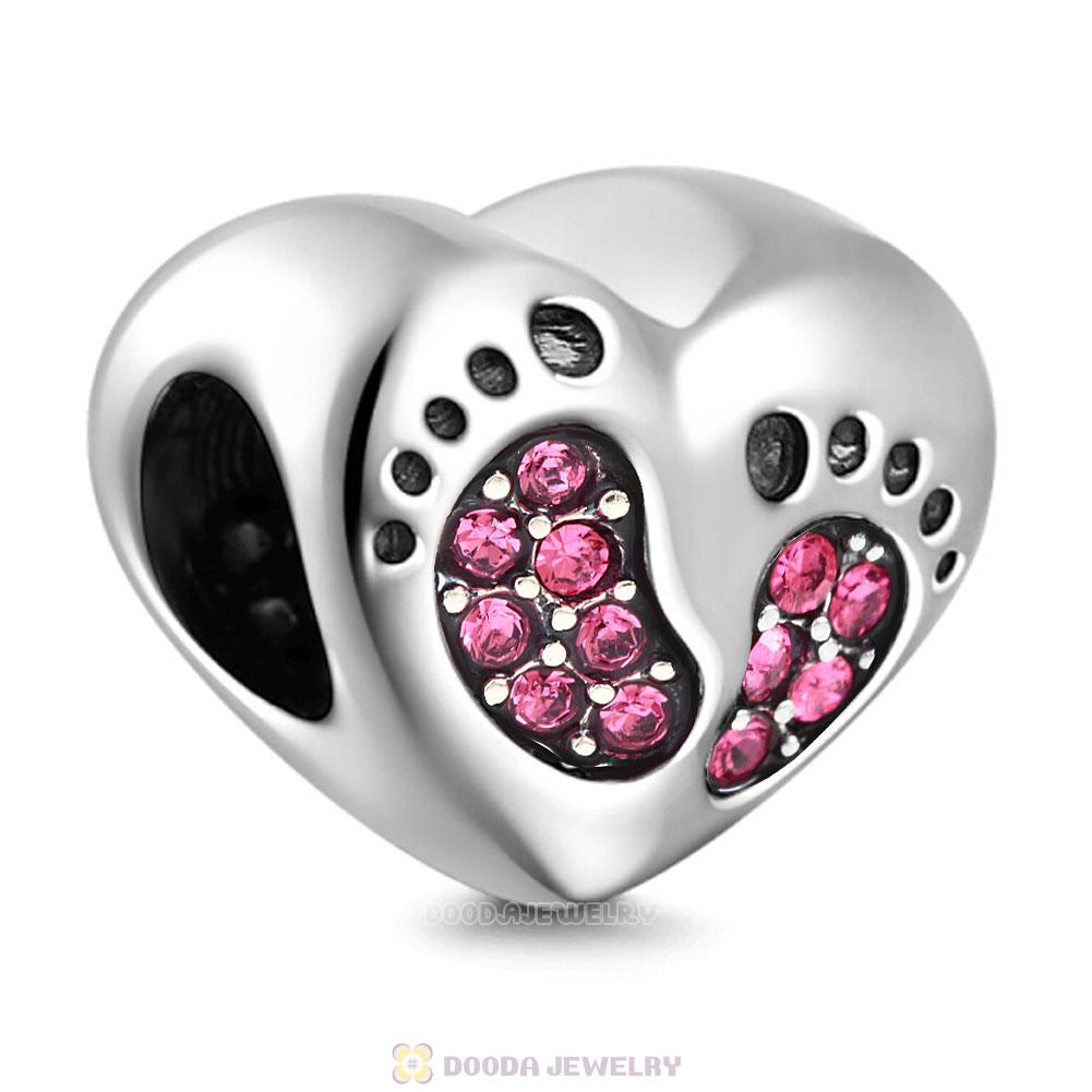Baby Footprint Heart Charm Rose Crystal