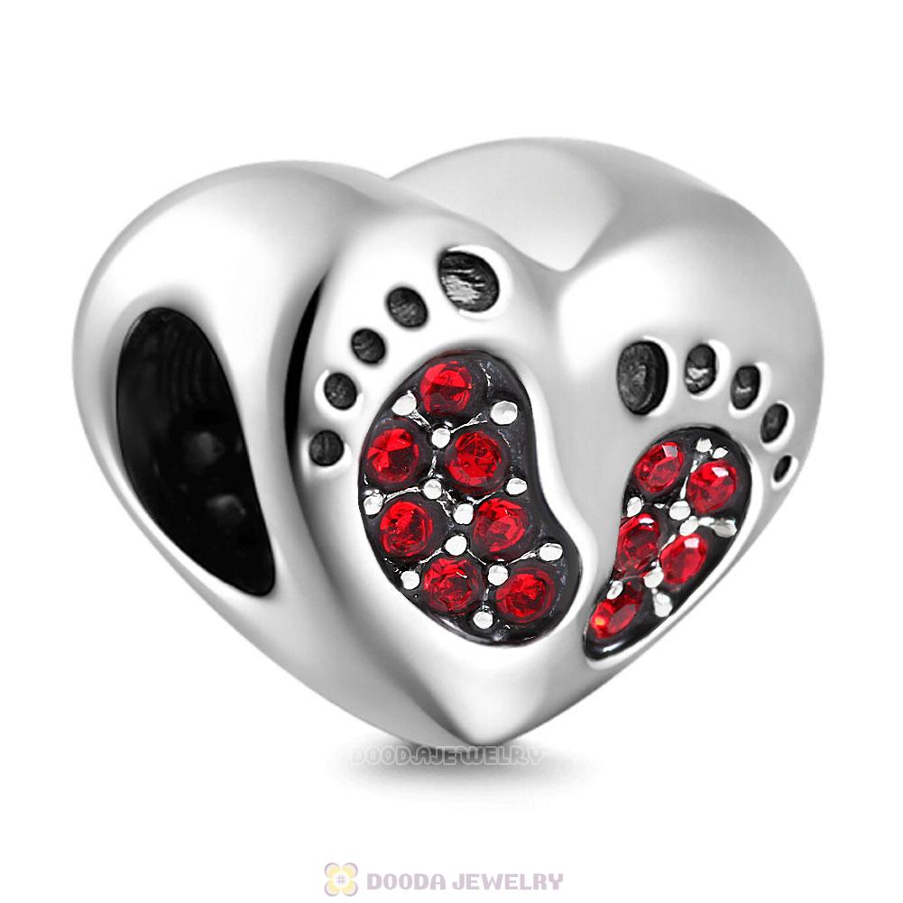 Baby Footprint Heart Charm Red Crystal
