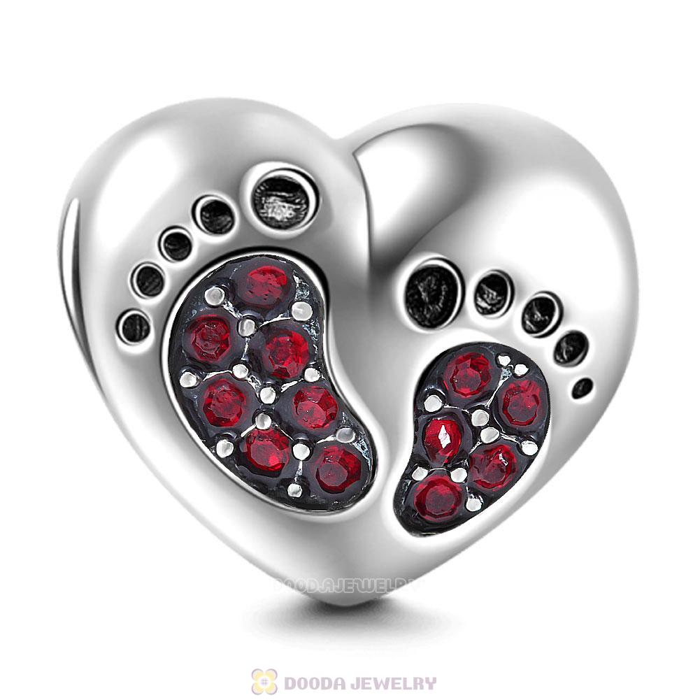 Baby Footprint Heart Charm Siam Crystal