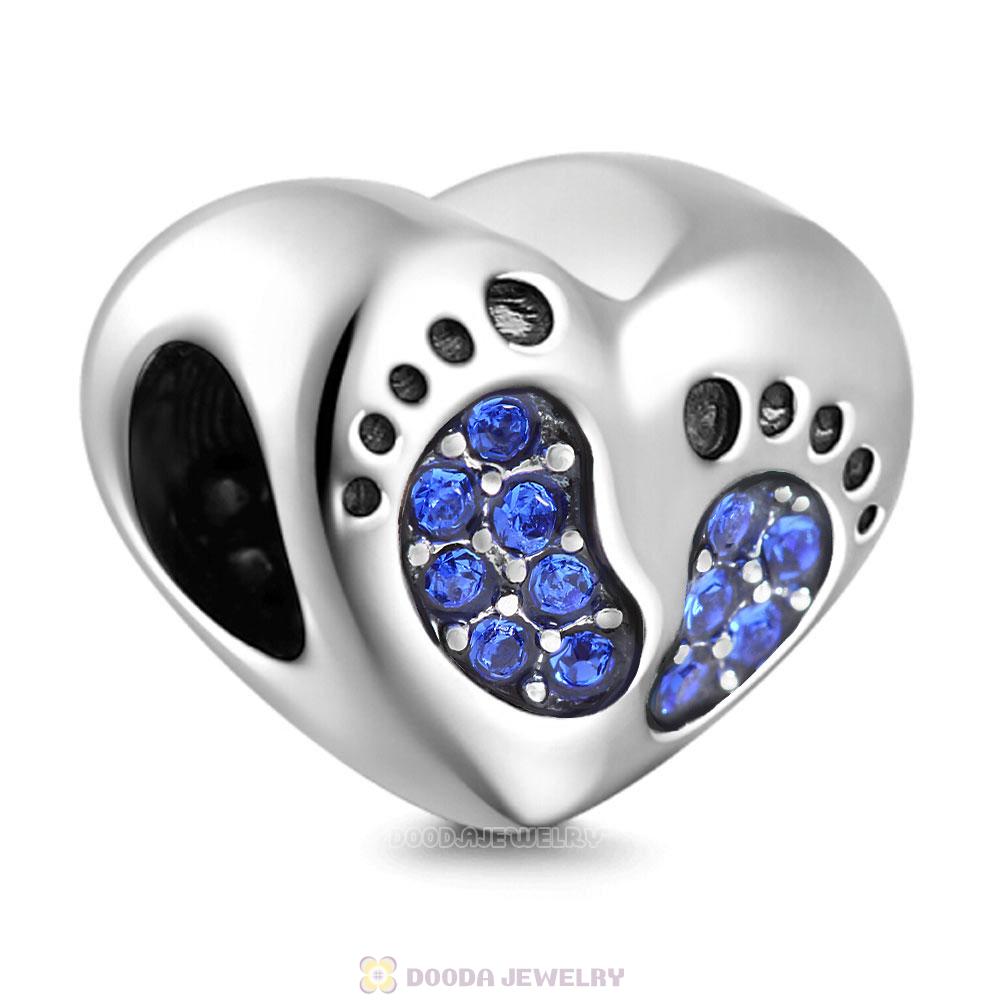 Baby Footprint Heart Charm Sapphire Crystal