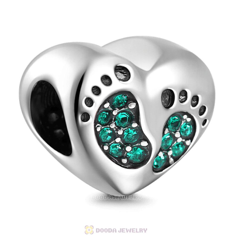 Baby Footprint Heart Charm Emerald Crystal