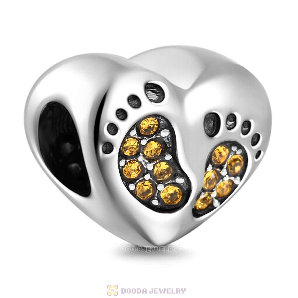 Baby Footprint Heart Charm Topaz Crystal