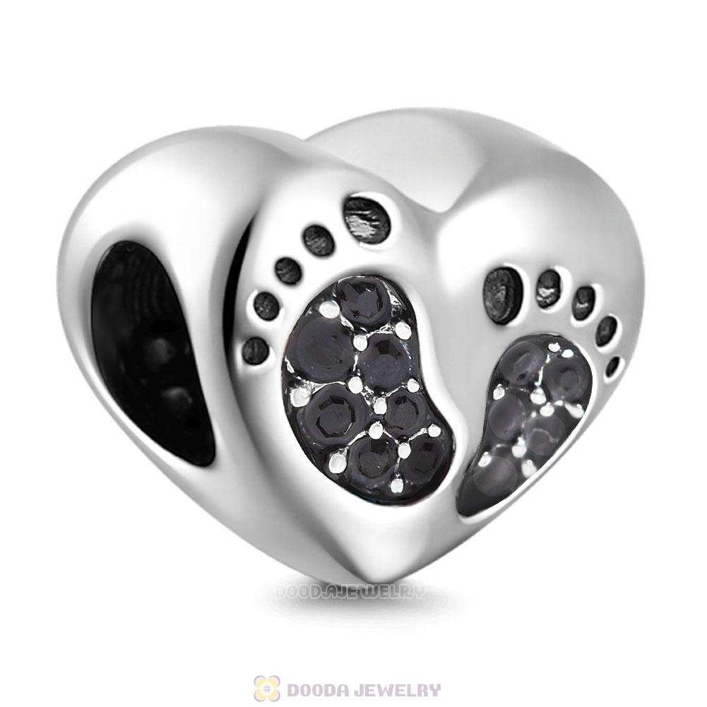 Baby Footprint Heart Charm Jet Crystal