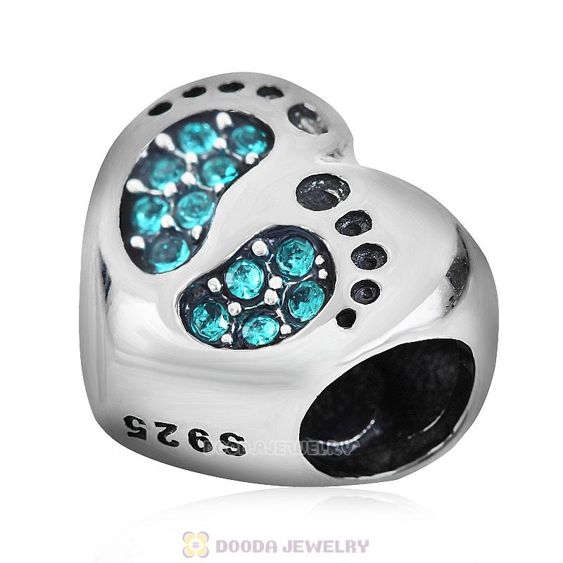 Baby Footprint Heart Charm Blue Zircon Crystal