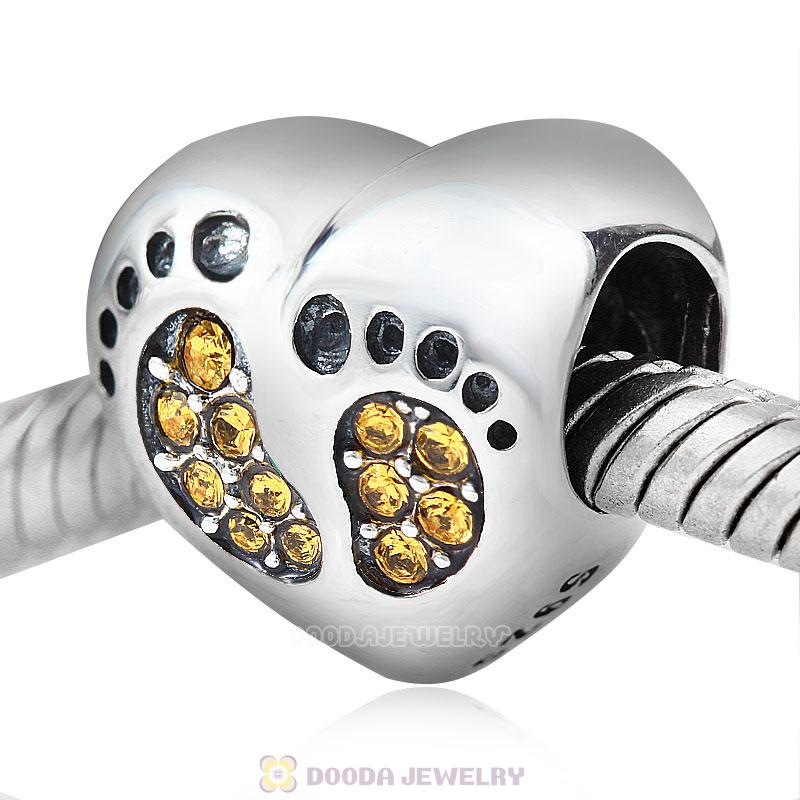 Baby Footprint Heart Charm Topaz Crystal