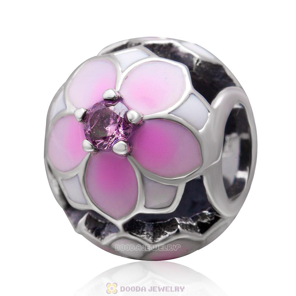 Magnolia flower Charm with Pink Cubic Zirconia