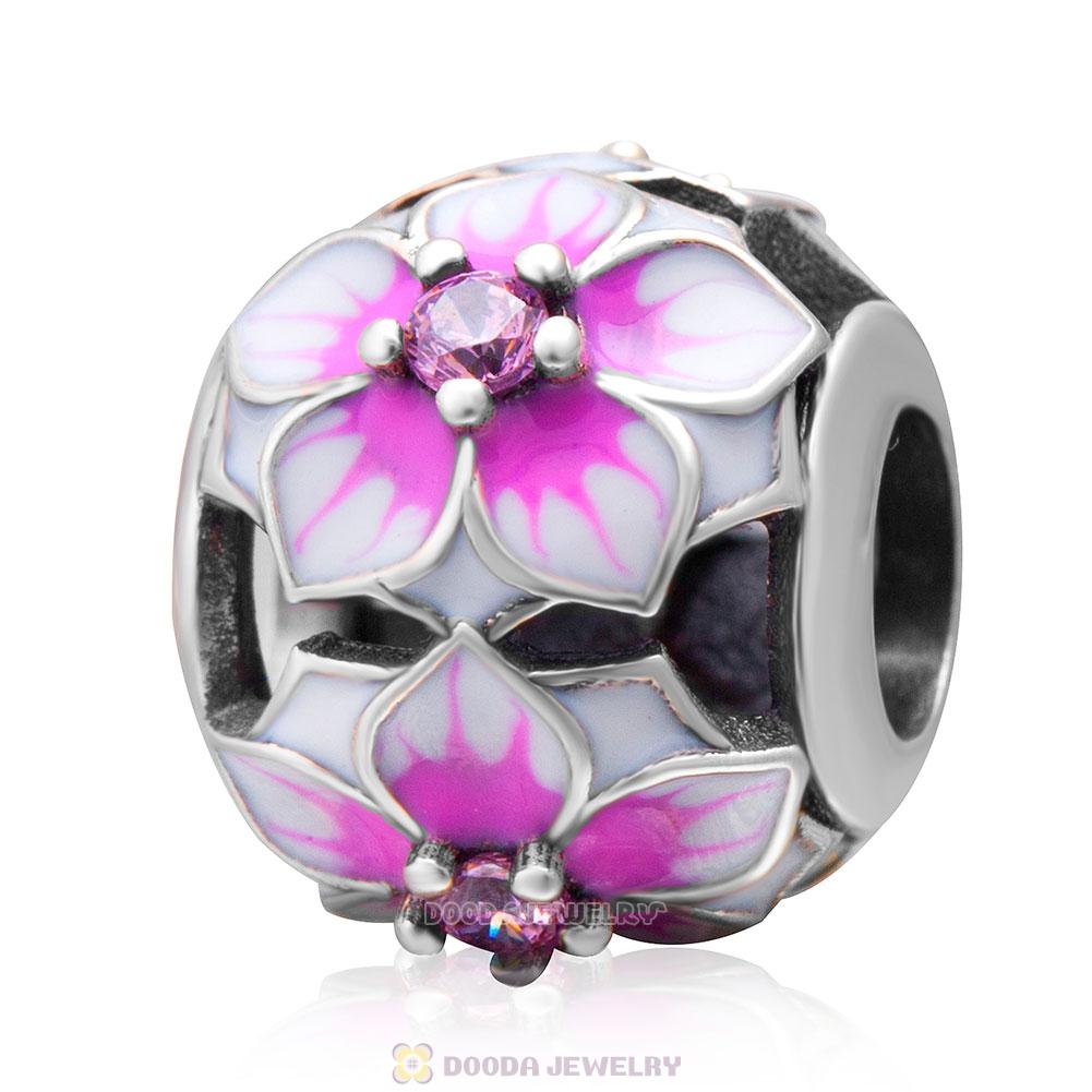 Magnolia flower Charm with Pink Cubic Zirconia