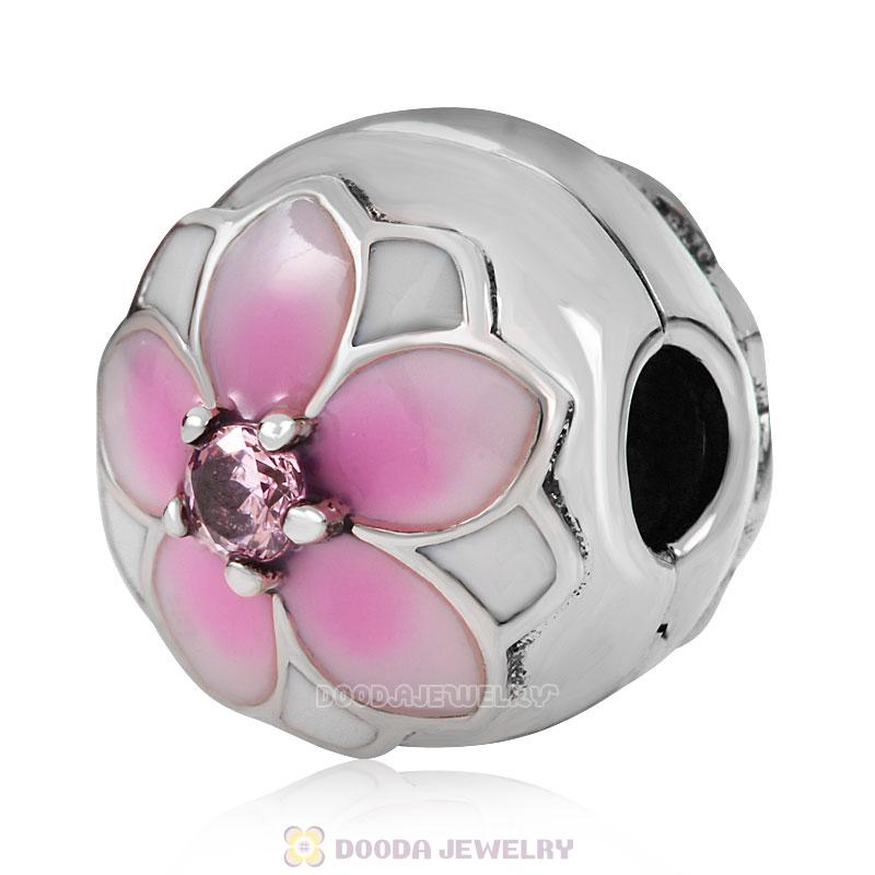 Magnolia Flower Clip Charm with Clear Cubic Zirconia