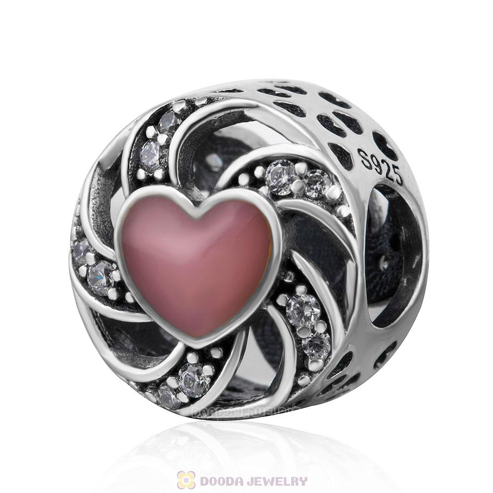 Ribbon Heart Charm Pink Enamel and Clear CZ