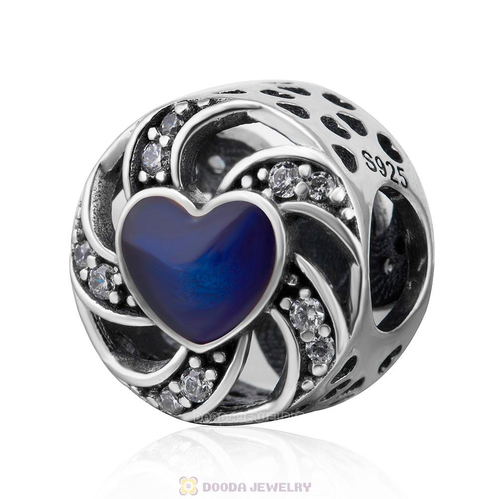 Ribbon Heart Charm Blue Enamel and Clear CZ