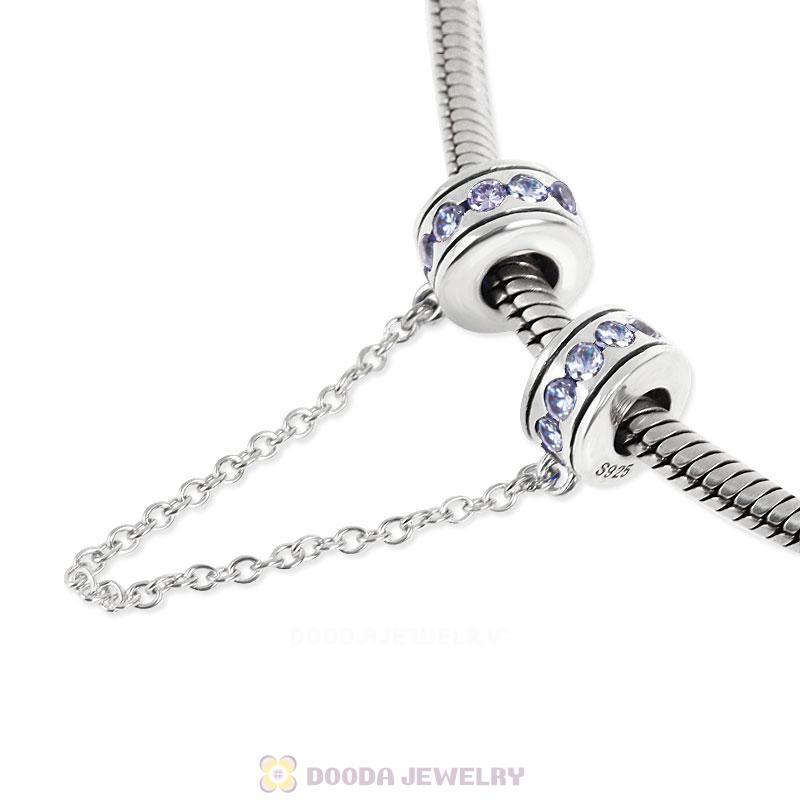 925 Sterling Silver Tanzanite CZ Safety Chain with Screw 