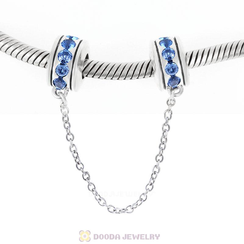 925 Sterling Silver Light Sapphire CZ Safety Chain with Screw 