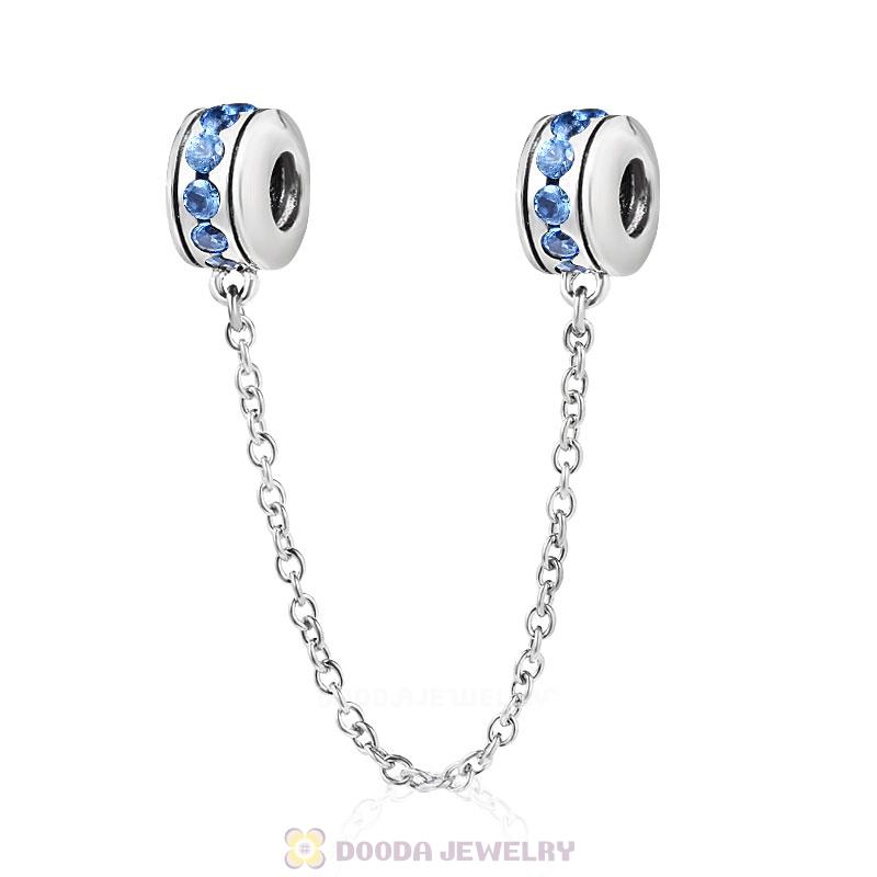 925 Sterling Silver Light Sapphire CZ Safety Chain with Screw 