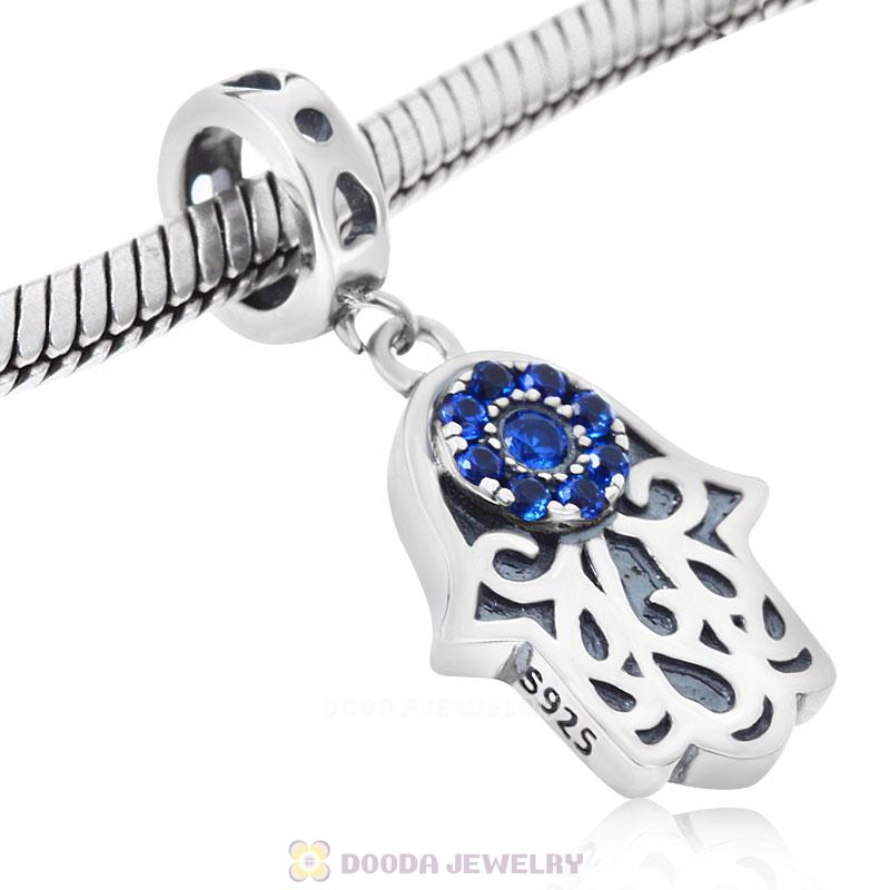 Hamsa Hand Dangle Charms with Blue CZ