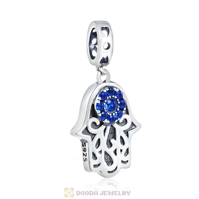 Hamsa Hand Dangle Charms with Blue CZ