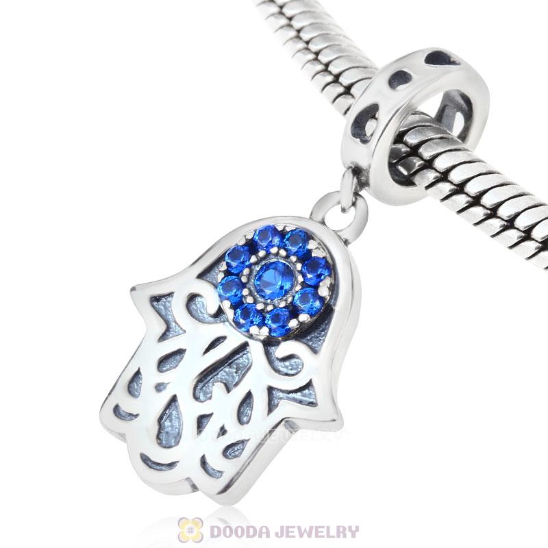 Hamsa Hand Dangle Charms with Blue CZ