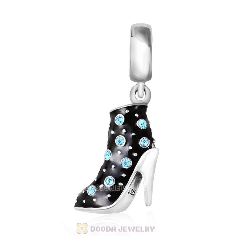 Black High Heel Dangle Charms with Aquamarine Austrian Crystal