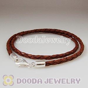 38cm Brown Braided Double Leather Bracelet with Sterling Lobster Clasp