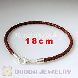 18cm Brown Braided Leather Bracelet with Sterling Lobster Clasp