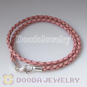 38cm Pink Braided Double Leather Bracelet with Sterling Lobster Clasp