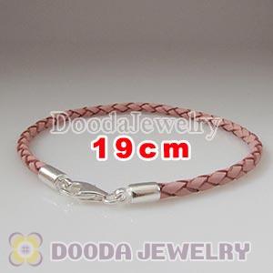 19cm Pink Braided Leather Bracelet with Sterling Lobster Clasp