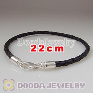 22cm Black Braided Leather Bracelet with Sterling Lobster Clasp